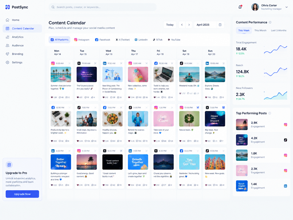 Content calendar dashboard mockup with scheduled social posts